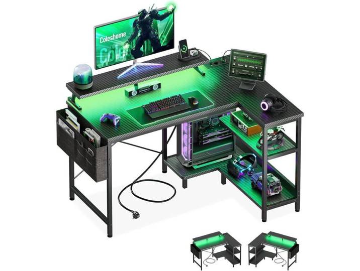 Bureau Gaming Led 100X70Cm Bureau D'Angle Avec Étagères Réversible Table Imformatique En L Avec 2 Chargeur Usb&2 Prises Table Gami