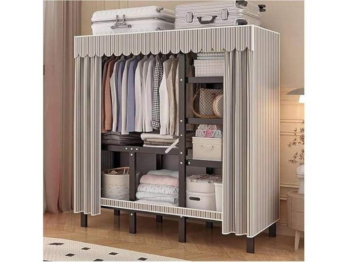 MmcdylyhEU Faltbarer, tragbarer Kleiderschrank mit Abdeckung, Metall-Kleiderständer for Aufhängen, platzsparender Kleidungsstück-Organizer(Gray,170cm/66.9inch)