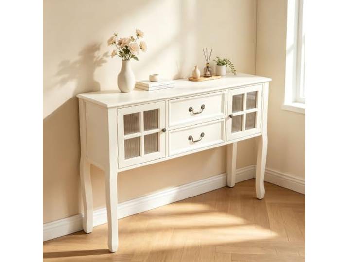 Massivholz Konsolentisch mit Schubladen, Flur- und Sofatisch aus Holz Massivholz-Rahmen, Stabile Konstruktion, Vielseitiger Stauraum, Einfache Montage(White,Large)