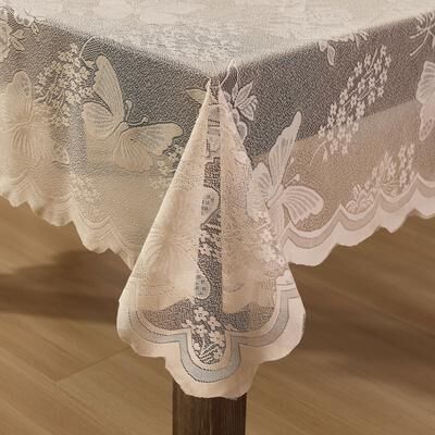 HLC.ME Butterfly Floral Lace Fabric Tablecloth, Wrinkle Resistant Table Cloth Round or Square Tables, Patterned Scalloped