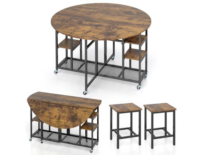 COSTWAY Ensemble Table à Manger Pliante 3 Pièces avec 2 Tabourets - Étagères de Rangement - 6 Roues Universelles