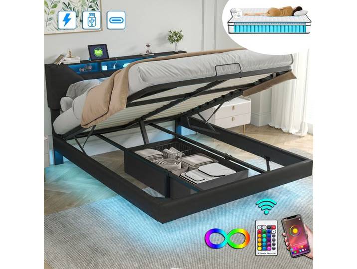 Lit double 140x200 cm - LUMINARIX - Lit coffre avec matelas - LED et USB intégrés - Design contemporain