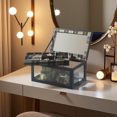 ZWYO HOSIMU "9.8"" Long Tempered Glass and Leather Jewelry Case with Watch Slots and Hidden Wooden Construction Frame"