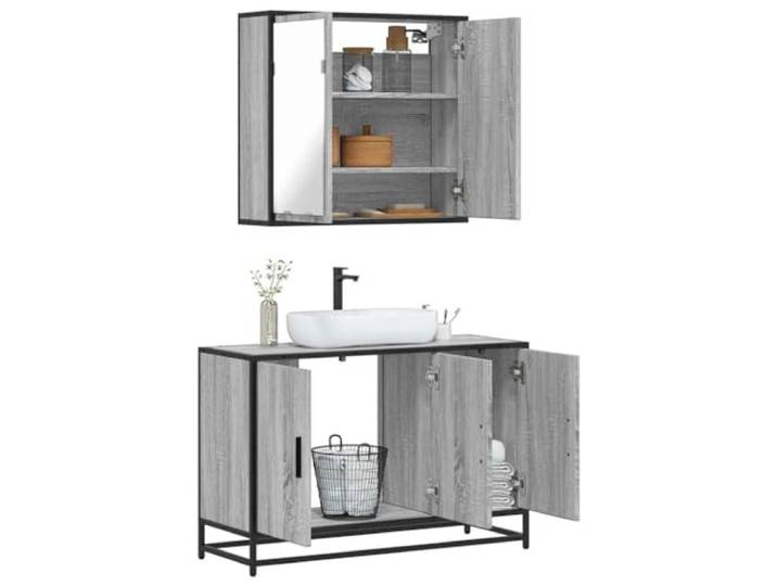 ZQQLVOO 2-TLG. Badmöbel-Set Grau Sonoma Holzwerkstoff Waschbeckenunterschrank mit Öffnung oben, Lowboard mit Metallgestell, Spiegelschrank zur Wandmontage, reichlich Stauraum