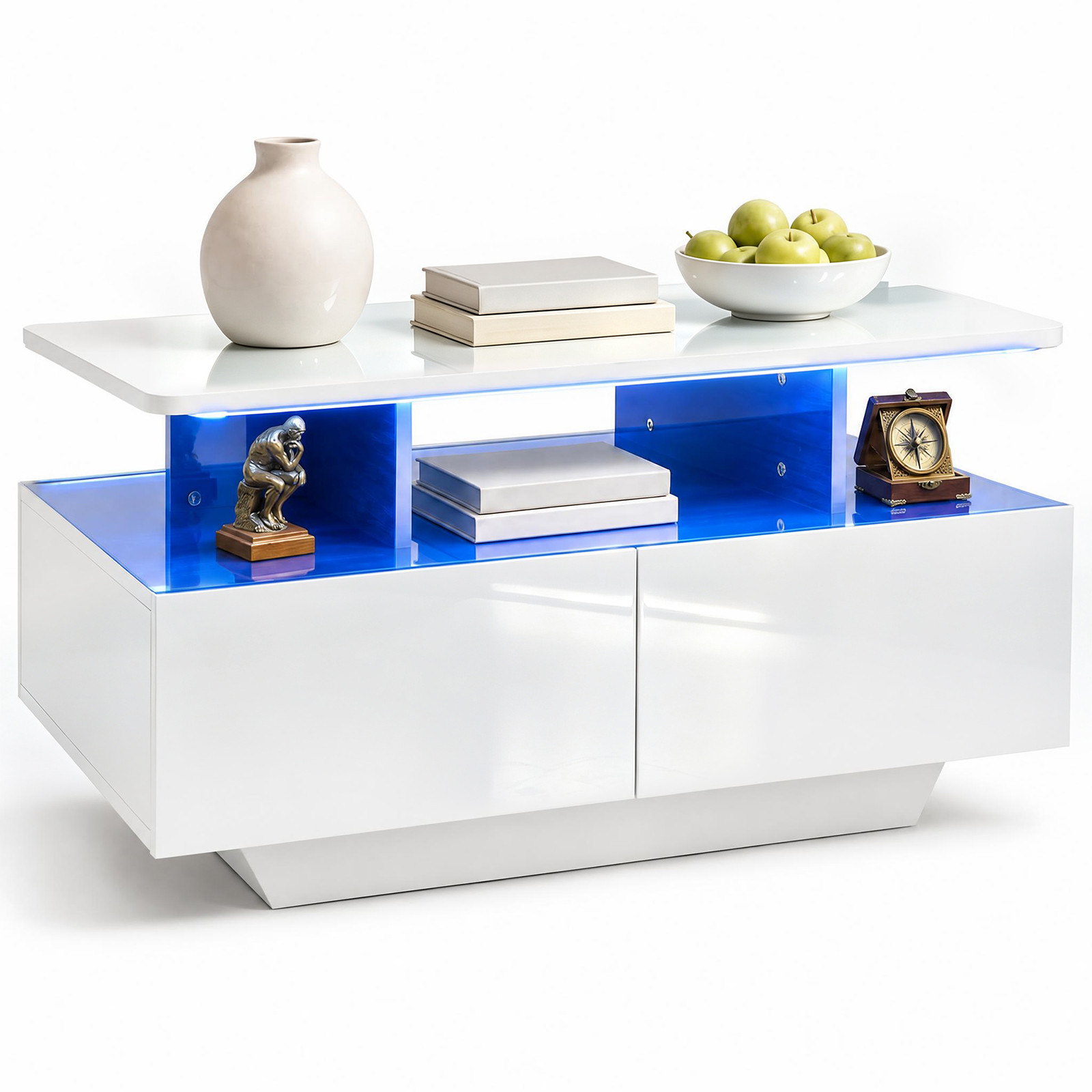 Costway Moderne Salontafel met Led Verlichting en 4 Lades in Glanzend Wit