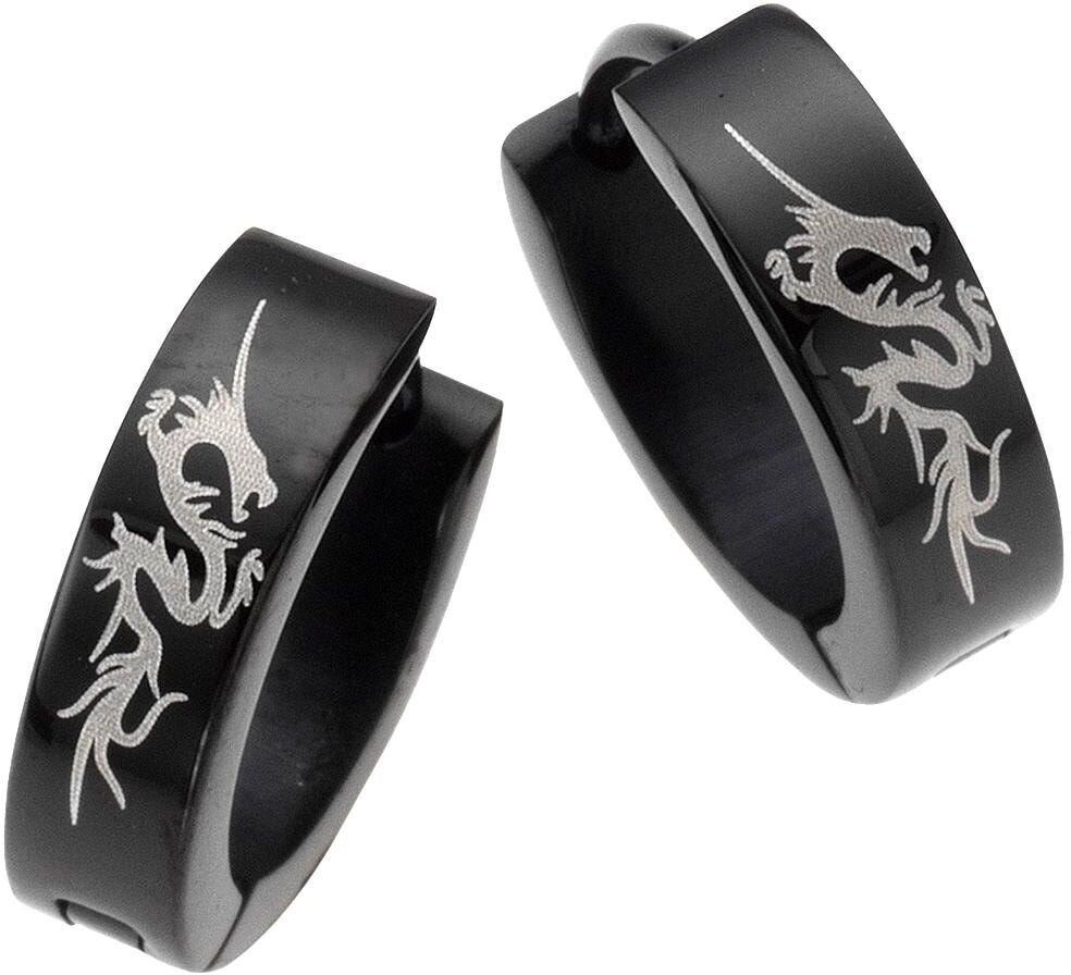 Paar Creolen FIRETTI "Schmuck Geschenk Drache", silber (schwarz, silberfarben), Ohrringe, Mädchen, 13mm, Edelstahl, Paar Creolen schwarz, silberfarben 13mm, Edelstahl