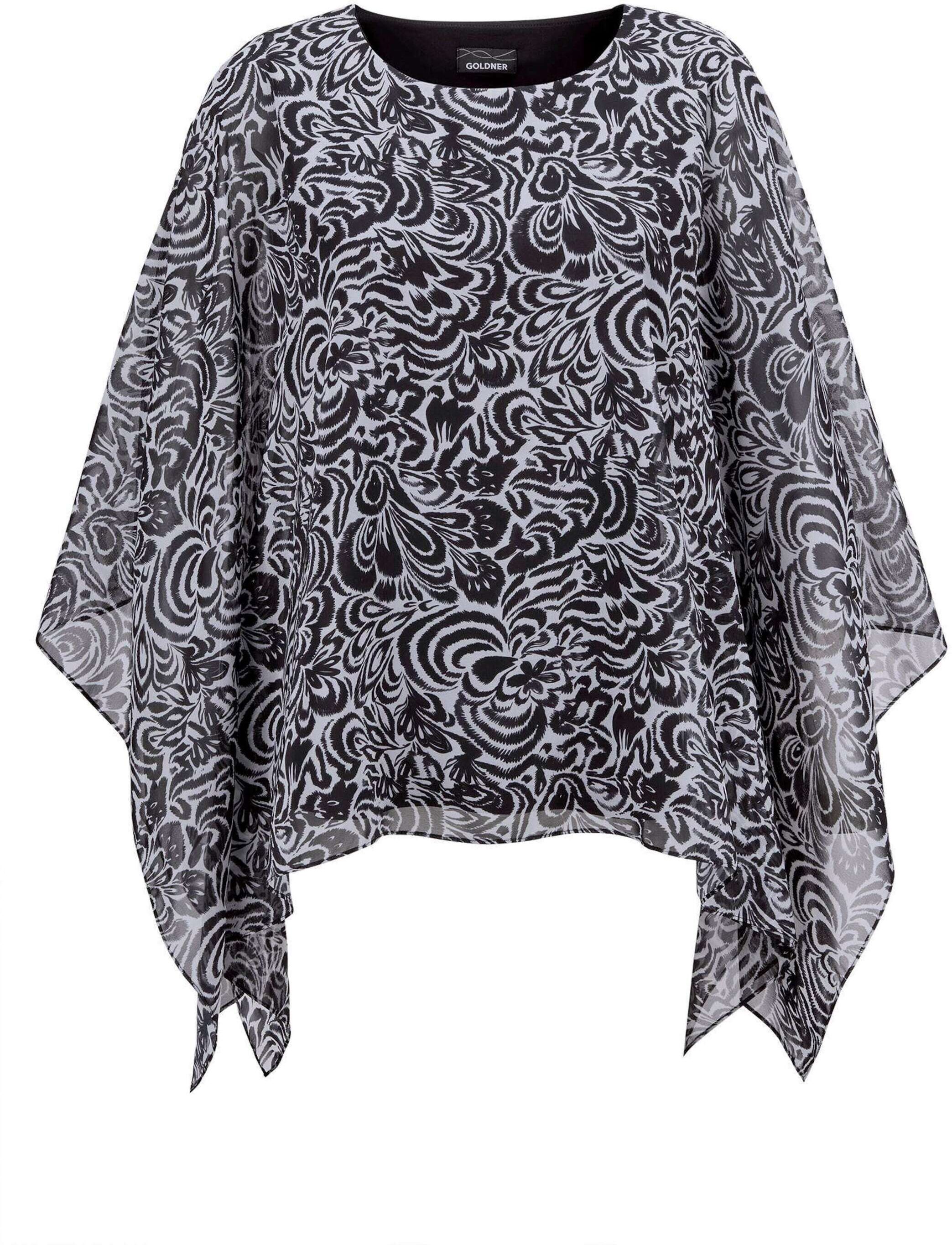 Satinbluse GOLDNER "Kurzgröße Tunikbluse mit Chiffon-Überwurf, Print", Damen, Gr. 19, schwarz (schwarz, weiß, gemustert), Obermaterial: 96% Polyester PES. 4% Elasthan EL., figurumspielend, U-Boot-Ausschnitt, Sonstiges, Blusen Satinbluse, Leichter Chiffon