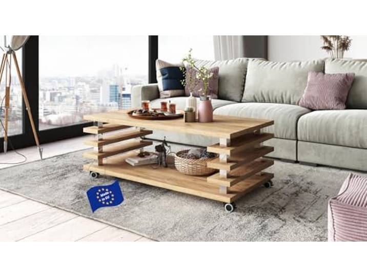 designimpex Carl Svensson Couchtisch DC-3 Eiche Gold 120x60cm mit Ablage modern stabil vielseitig Wohnzimmertisch Beistelltisch Sofatisch Zeitloses platzsparend robust Wohnzimmer mit Rollen