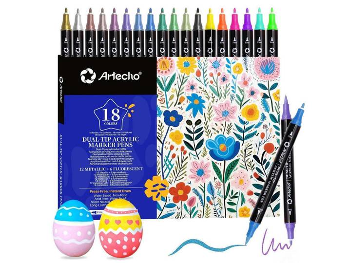 Acrylstifte 18 Farben Set (12 Metallic + 6 Fluoreszierend) Dual Tip Marker, Mehrfarbig, Kunststoff, 10x2x14 cm, Dekoration, Malbedarf & Bastelbedarf