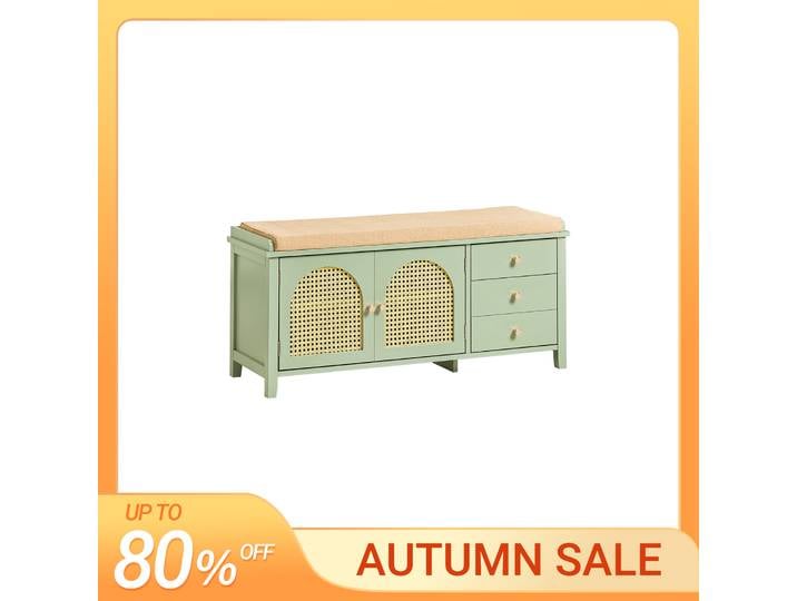SoBuy FSR129-GR Banc à chaussures avec siège et portes aspect treillis Banc avec banc de rangement Coffre à chaussures étagère à chaussures étroite vert