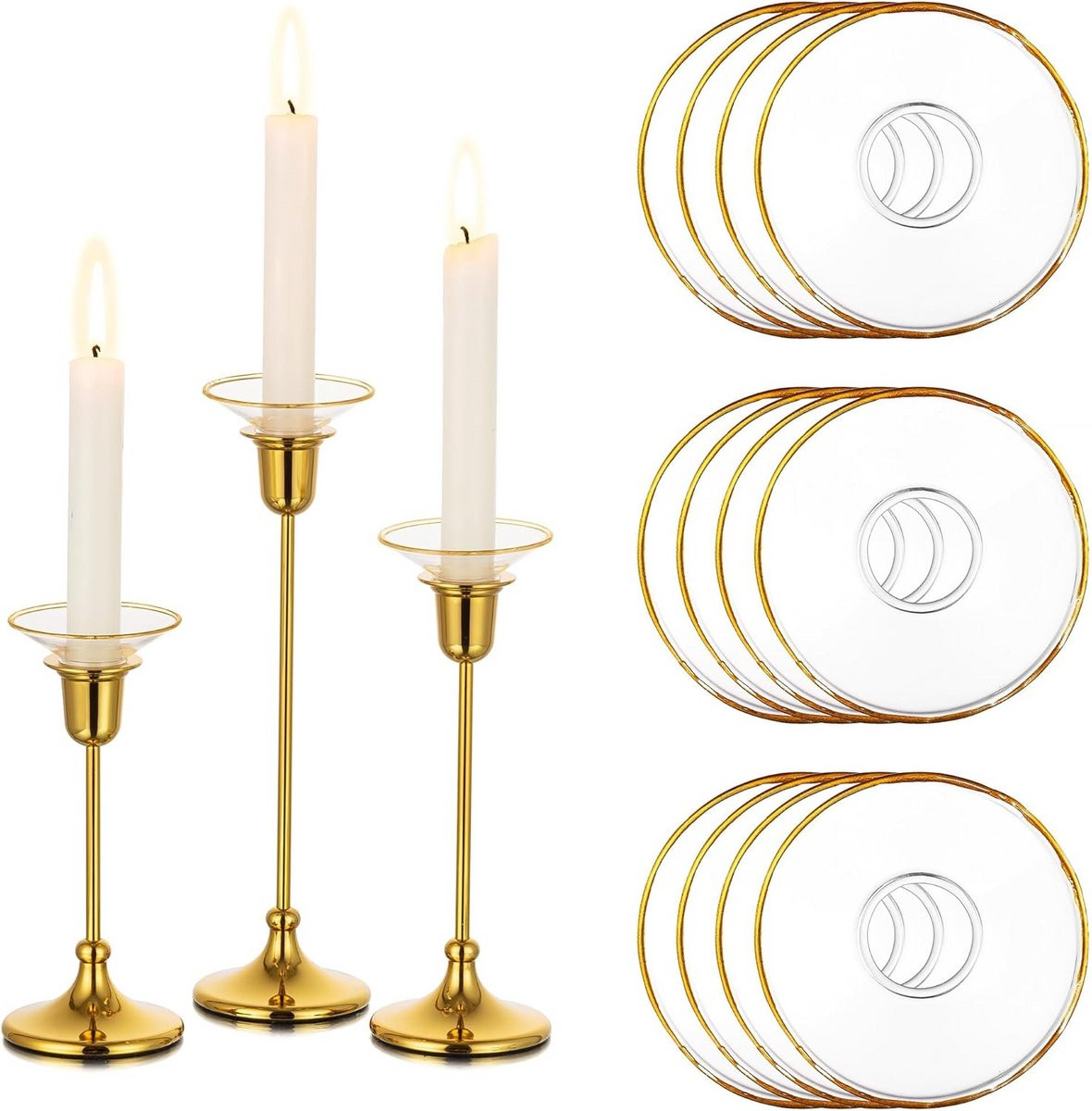 Set van 12 Moderne Glazen Kandelaar Druppelbeschermers met Gouden Rand