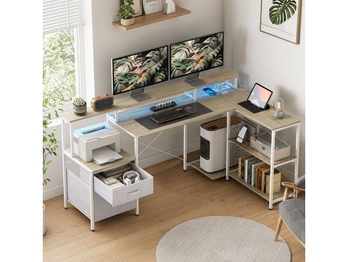 HOMCOM Bureau d’Angle 172x100cm LED RGB 2 Tiroirs Blanc