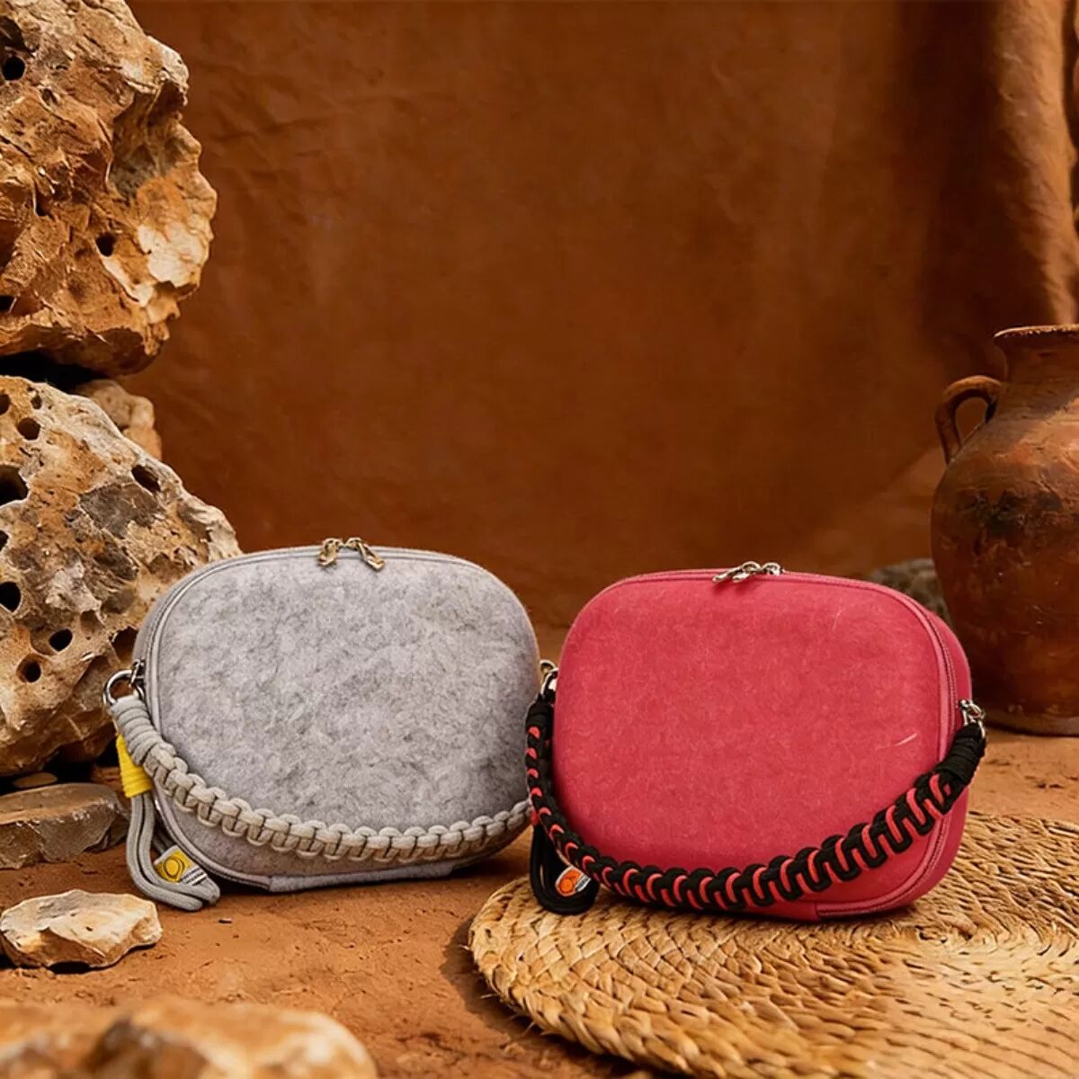 INF Kreative Filztasche im Kokos-Stil, Kosmetiktasche für Damen mit großem Fassungsvermögen, Vielseitige Aufbewahrungstasche Grau