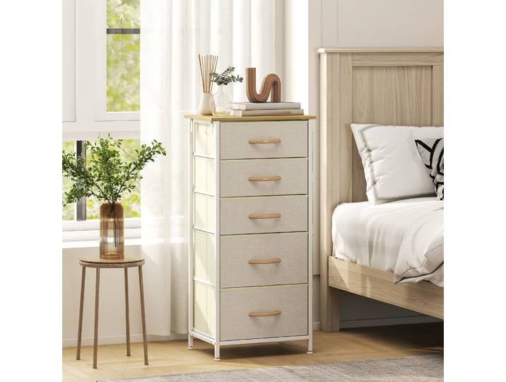 HOMCOM Commode 5 Tiroirs Tissu Beige Surface Bois Acier