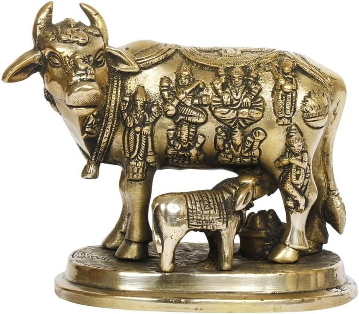 Kamadhenu Koe Beeld - Wensvervullende Koe - Massief Messing - Goudkleurig - Hoogte: 13 cm