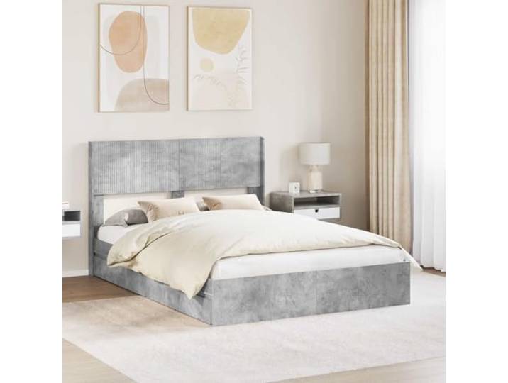 RJPLMFV Bettrahmen mit Stauraum und Kopfteil, Betongrau Holzwerkstoff, Latten im Lieferumfang enthalten, modernes Design, integrierte Aufbewahrung, einfache Reinigung