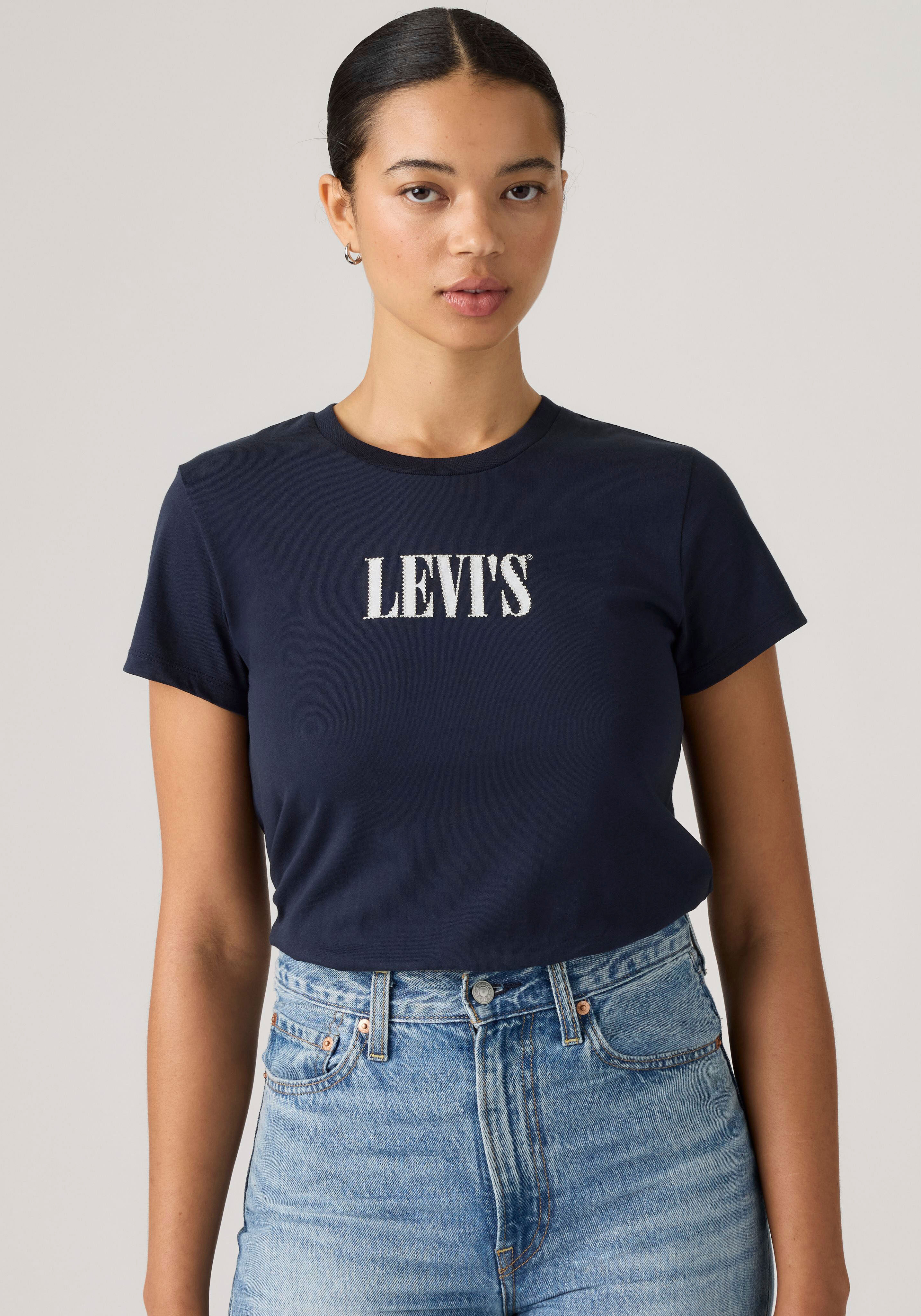 Rundhalsshirt LEVI'S "THE PERFECT TEE", Damen, Gr. L (40), blau (serif stud outline navy blazer), Jersey, Obermaterial: 100% Baumwolle, figurbetont hüftlang, Rundhals, Shirts Rundhalsshirt, mit Logo im Metallic-Holo Print