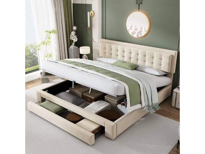 Lit Capitonné 180x200 cm - Grand Tiroir - Tête de Lit Ajustable -Tissu en Velours Beige - Lit Coffre Double