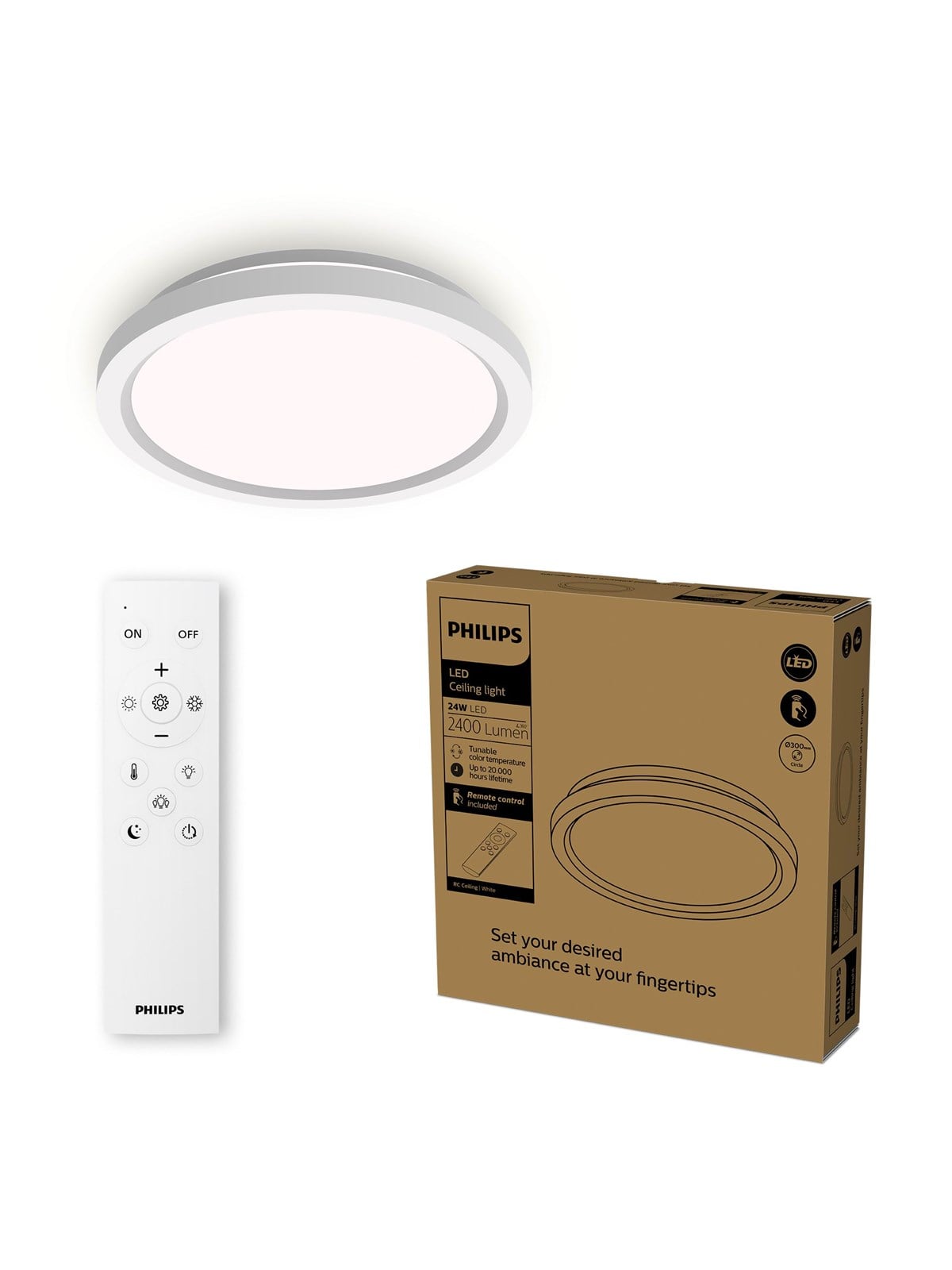 Philips AIO Ceiling Light with Remote (Round White) - 24W Integrated LED Lamp with 3 step dimming