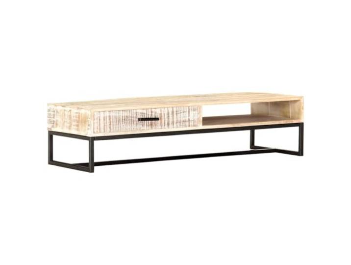 Todiikf Couchtisch Weiß 117x50x30 cm Massivholz Akazie Tisch Stabiler Wohnzimmertisch aus Echtholz mit Fach und Schublade für geordnete Aufbewahrung im modernen Wohnbereich.