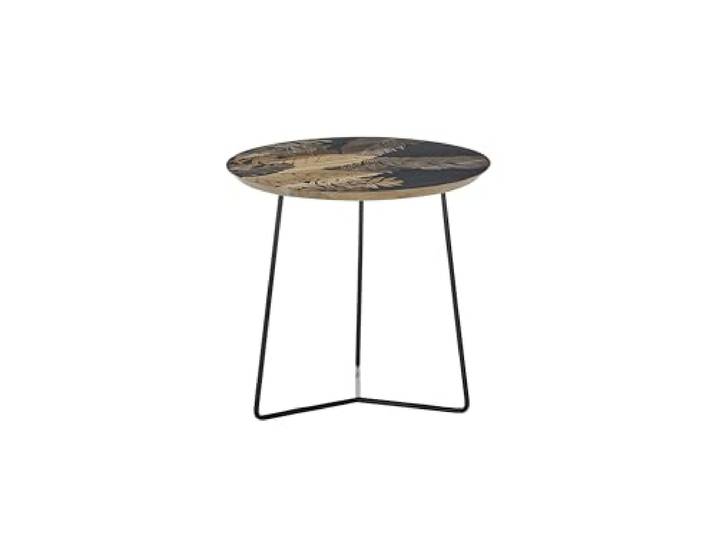 möbelando Beistelltisch >MIRANDELA< 55x50x55 cm rund Mangoholzplatte mit schwarzem Druck lackiert matt schwarzes Metallgestell pulverbeschichtet stabil modern und dekorativ