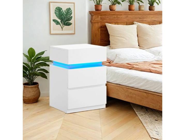 VASAGLE Table de Chevet avec Bande LED Multicolore Réglable 3 Tiroirs Table d'Appoint 35 x 40 x 55 cm Blanc Nuage