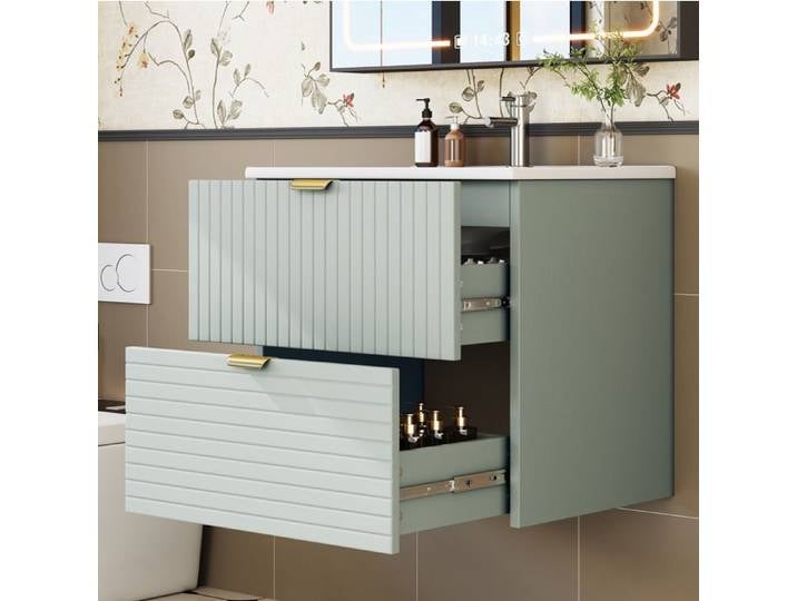 Meuble sous-vasque suspendu 61 cm avec vasque intégrée et 2 tiroirs soft-close vert menthe