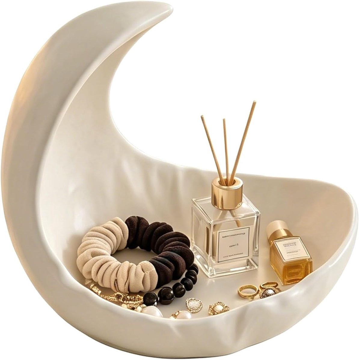 Witte halvemaanvormige opbergdoos voor sieraden en woondecoratie, middelgroot