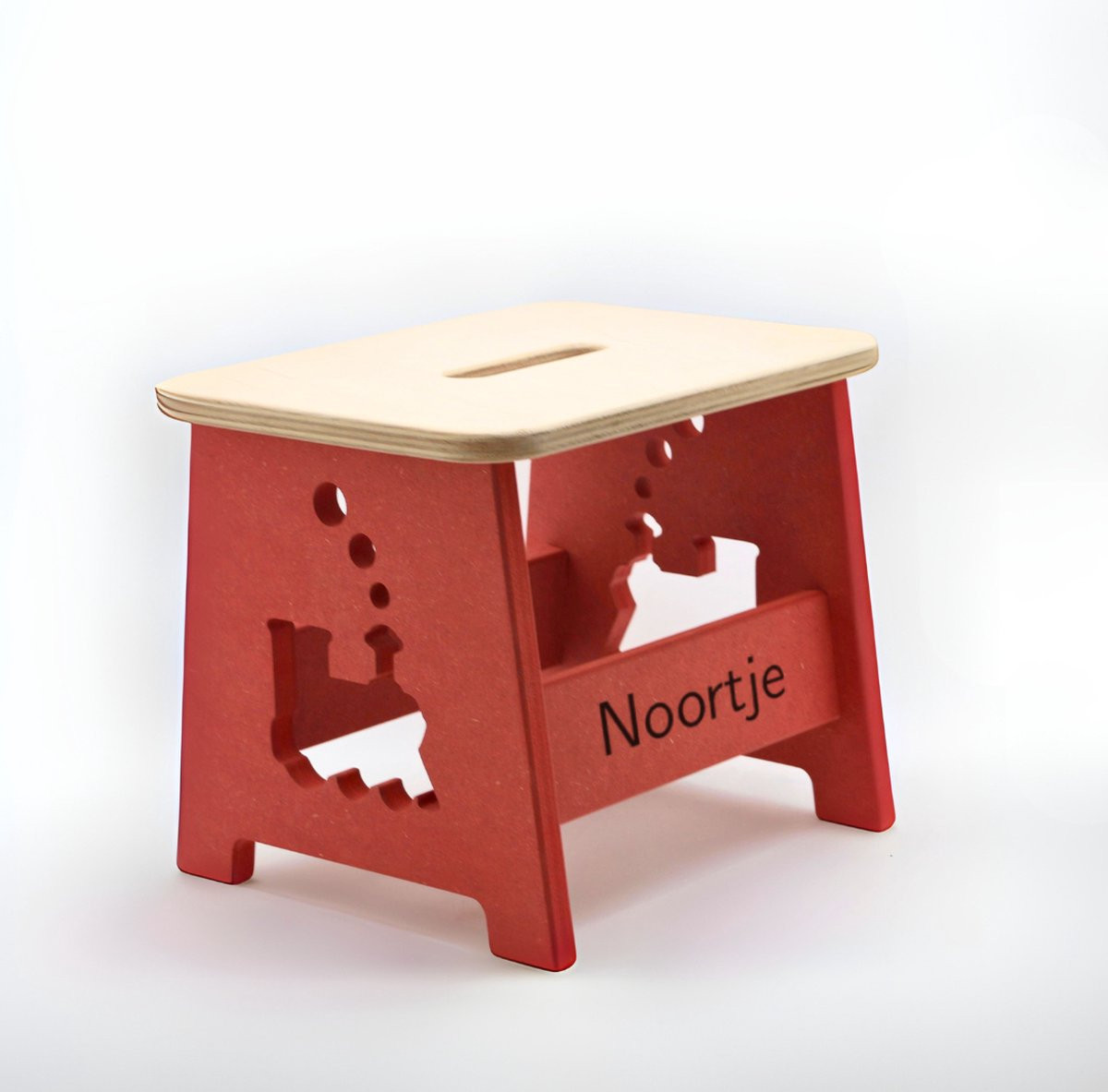 Gepersonaliseerde houten kinderkruk met trein motief - Rood - Opstapje voor de kinderkamer of keuken