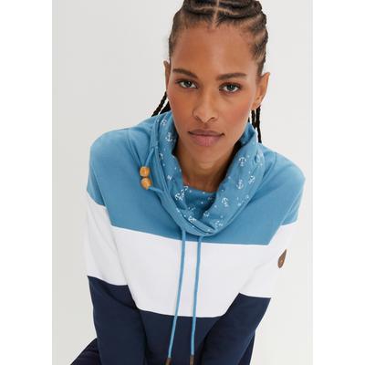 Sweatshirt BONPRIX, Damen, Gr. 44/46 (L), blau (matt blau, weiß, dunkelblau), Sweatware, Obermaterial: 100% Baumwolle, bedruckt, bequem normal, ohne Ausschnitt, Bündchen, Sweatshirts Sweatshirt, mit voluminösem, bedrucktem Kragen, mit Tunnelzug am...