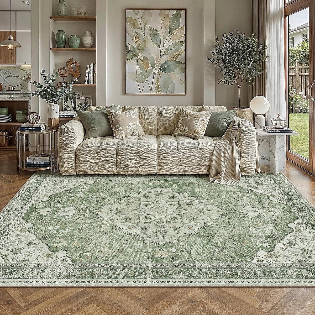 Machine Wasbaar Tapijt met Groene Bloemen in Vintage Stijl, Microvezel, 160 x 230 cm