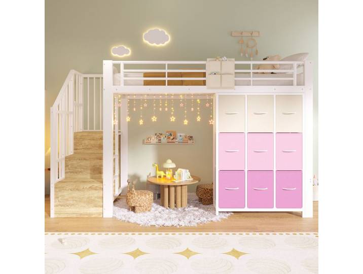 Lit mezzanine enfant - ZEVKOR - 90x200 - Escalier de rangement - Commode & penderie intégrées - Métal/MDF