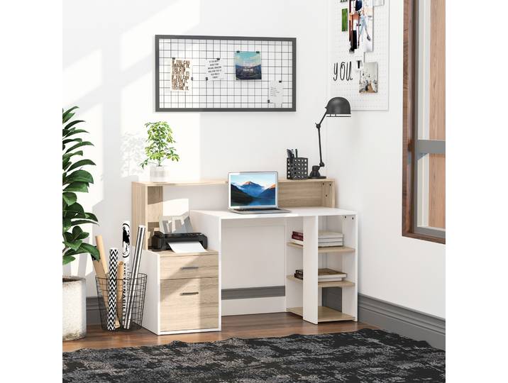 HOMCOM Bureau Informatique Chêne/Blanc 137x55cm