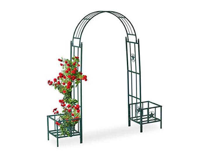 Relaxdays Rosenbogen mit Pflanzkästen, Metall, wetterfest, Rankhilfe Kletterpflanzen, Garten, HBT 226 x 204 x 45cm, grün