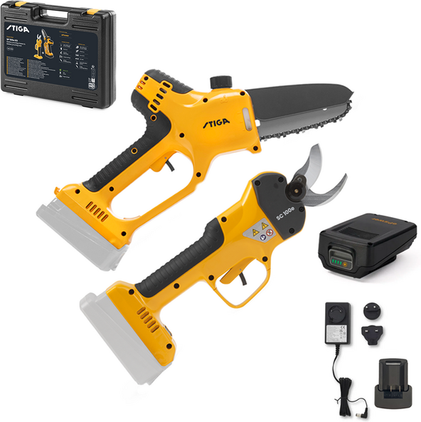 Stiga SP 100e Kit - Kit Potatore a batteria + Forbici elettriche da potatura - 20V/2Ah - Diametro di taglio 50mm