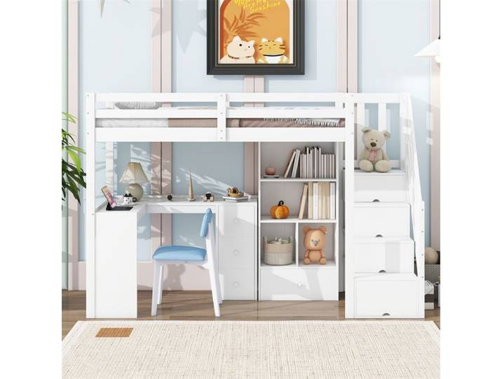 DRIPEX Lit superposé 90x200cm avec Bureau table pour étudiants/enfant Lit mezzanine avec Armoire Escabeau