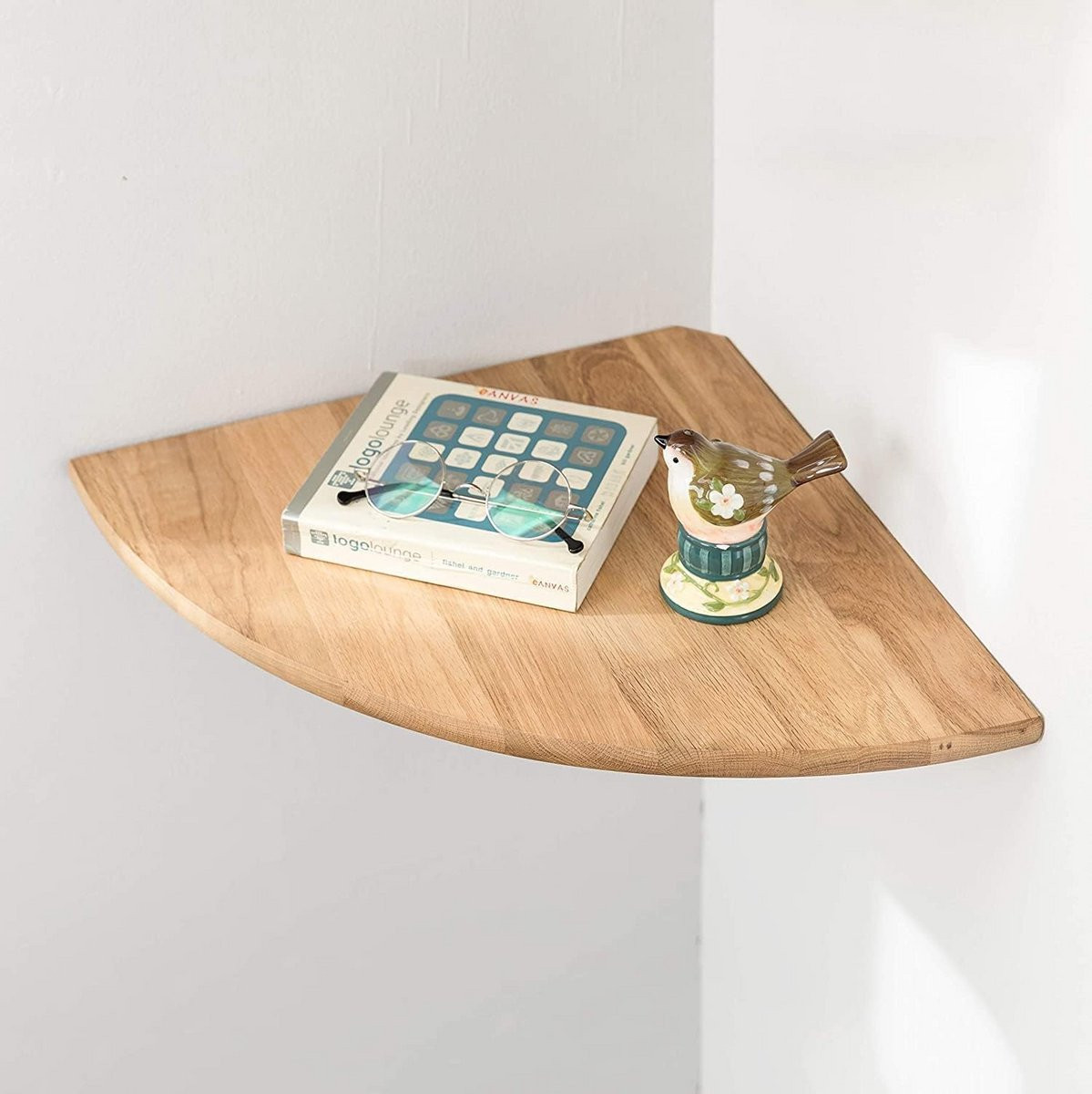 Zwevende Hoekplank van Massief Eikenhout met Ronde Uiteinden en Kabelgat, 30 cm