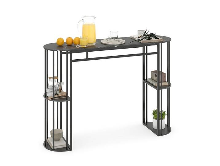 COSTWAY Bartisch, Küche mit 4 halbrunde Regale, 150cm Stehtisch Marmor Metall
