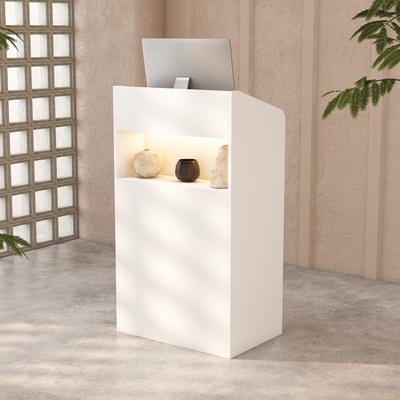 FUFU&GAGA Reception Desk with LED Light, Standing Podium with Adjustable 3-Color Lighting and Storage Shelves for Office or Store