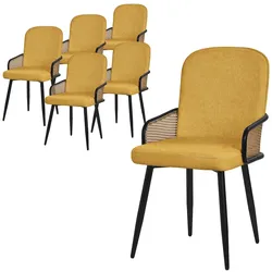 ML-Design Esszimmerstühle 6er Set Senf, Stoff, Rattan-Optik Armlehnen, gepolstert, Metallbeine, ergonomische Küchen- & Esszimmerstühle
