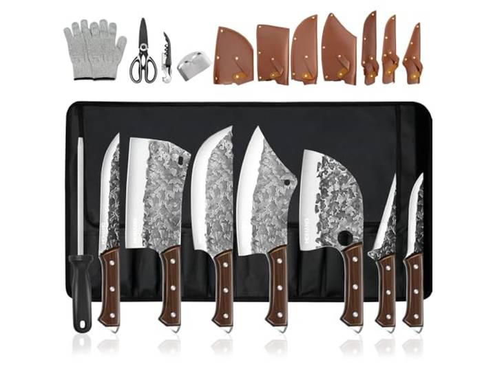 MDHAND Metzgermesser Set, 14pcs Küchenmesser Set mit Rolltasche, Scharfes Hackmesser Messerset, High Carbon Steel Kochmesser Fischmesser für Küche, Camping, BBQ