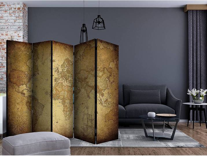 Paravent Old Map Akustik Vlies auf Massivholz Braun 225 x 172 x 3cm