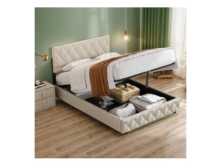 OKWISH Polsterbett Stauraumbett Funktionsbett (Ausgezeichnete Atmungsaktivität, 140x190 cm mit Lattenrost ohne Matratze), Strapazierfähig und schmutzabweisend,elastische Polsterung