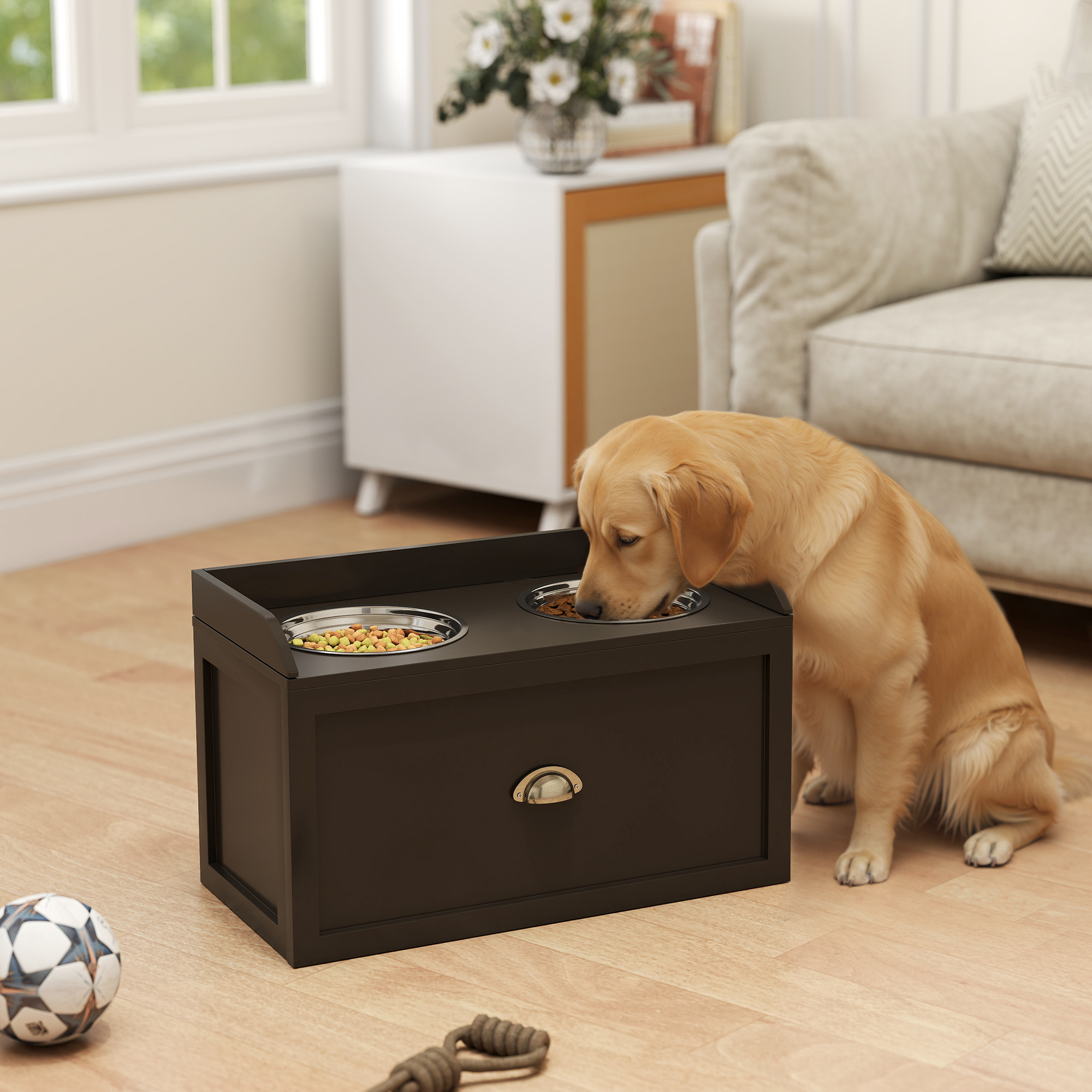 Pawhut Ciotole per Cani Rialzate in Acciaio Inox e Legno con Cassetto, 60x30x36cm, Marrone   Aosom Italy