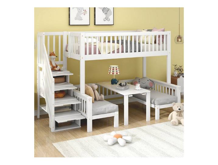 Odikalo Etagenbett Kinderbett Hochbett 90x200 120x200 (Etagenbett, Kinderbett, Multifunktionaler höhenverstellbarer Tisch, Stabile Aufbewahrungstreppe, Sicherheitsgeländer, Kiefer + MDF + Sperrholz, Weiß, 90x200cm & 120x200cm)