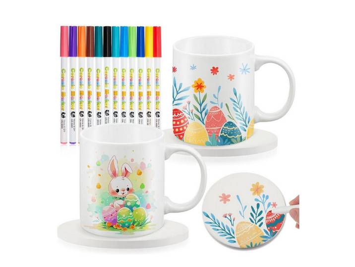 LuxusKollektion Kreativset Keramik Tassen Bemal Set 2er inkl. Untersetzer