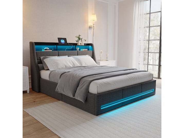 Lit capitonné 140/160*200, lit double avec rangement et cadre disque, plaque frontale LED avec fonction chargement USB