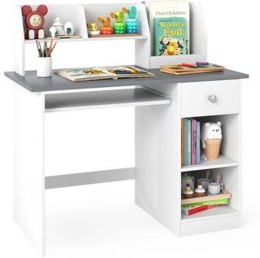 Costway Kids Study Desk Children Writing Table with Hutch Drawer Shelves and Keyboard Tray-Gray