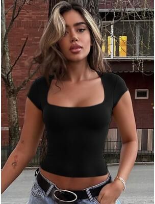 Daily Discovery Elegant U Neck Slim Fit Baby Tee For Women black s