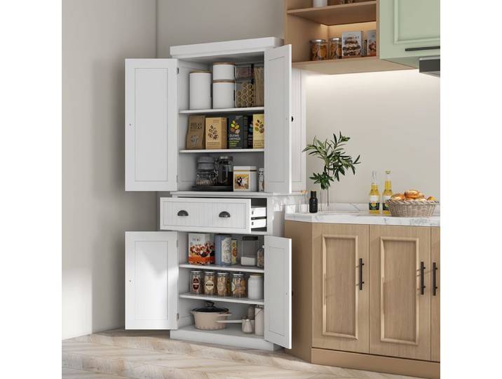 Buffet de cuisine - Armoire multi-rangements - Blanc - 4 portes - Étagères réglables